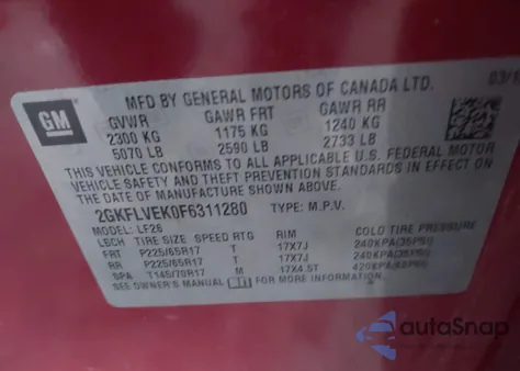 2015 GMC Terrain Sle-1 z USA, uszkodzony, nr VIN 2GKFLVEK0F6311280